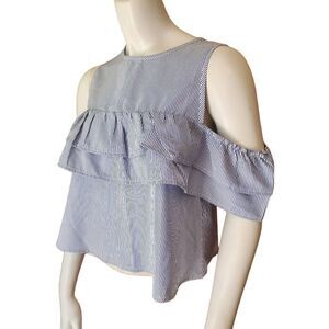 Papaya Blue & White Striped Cold Shoulder Ruffle Top (S)